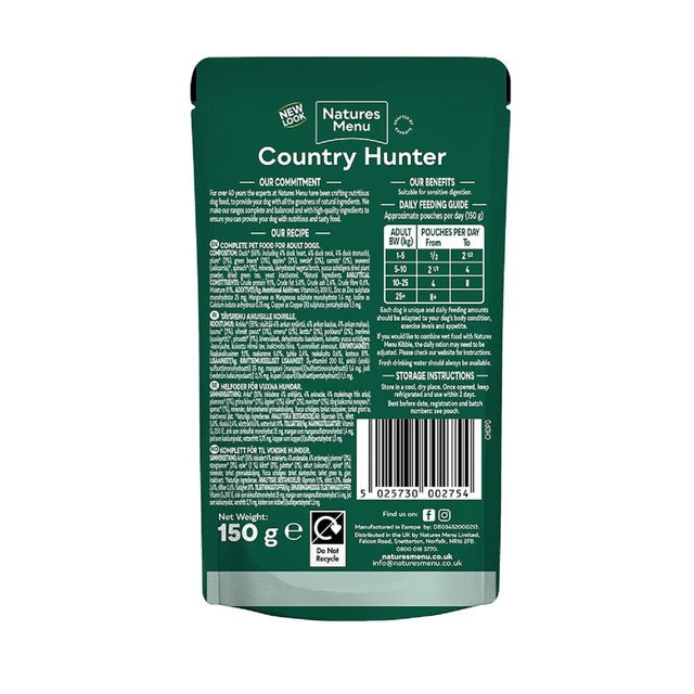 Natures Menu Duck wet dog food pouches 6 x 150g, imported from the UK