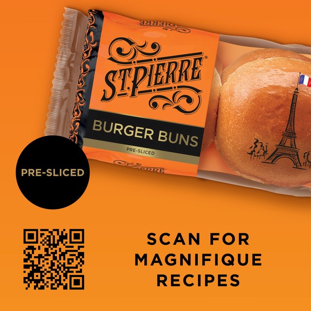 St Pierre pre-sliced white burger buns 4 pack (British brand)
