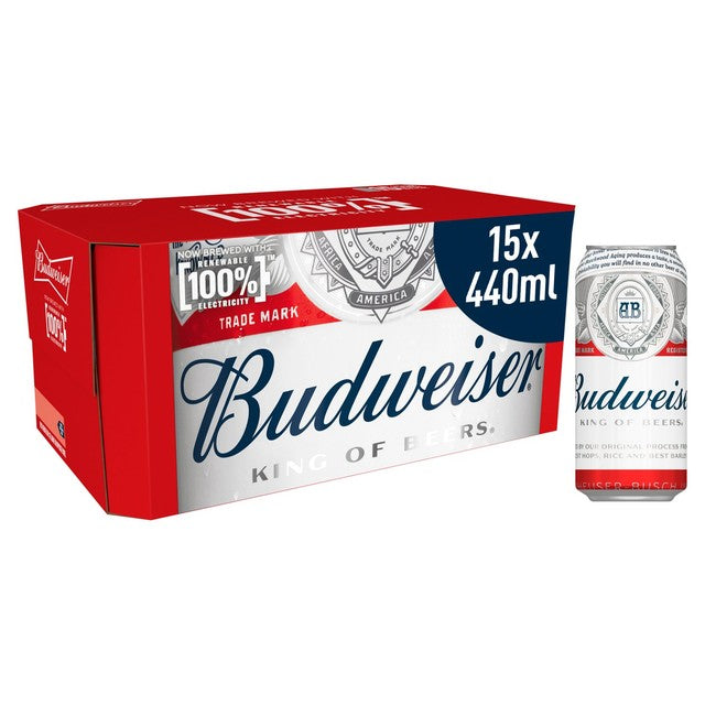 Cerveza lager Budweiser, 15 latas de 440 ml - Producto británico