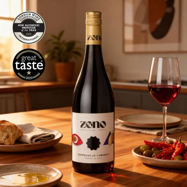 ZENO alcohol-free Tempranillo Cabernet Sauvignon bottle, imported from the UK