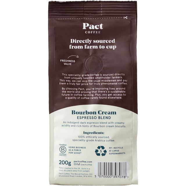 Pact Bourbon Cream espresso whole bean coffee 200g, imported from the UK