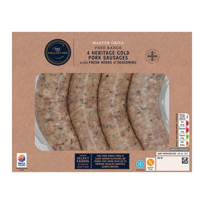 M&S M&S Heritage Gold Master Grill Free Range British Pork Sausages 400g- Buy online at McGrocer