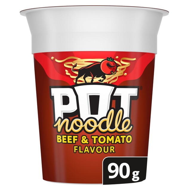 Pot Noodle Beef & Tomato instant noodle pot 90g, imported from the UK