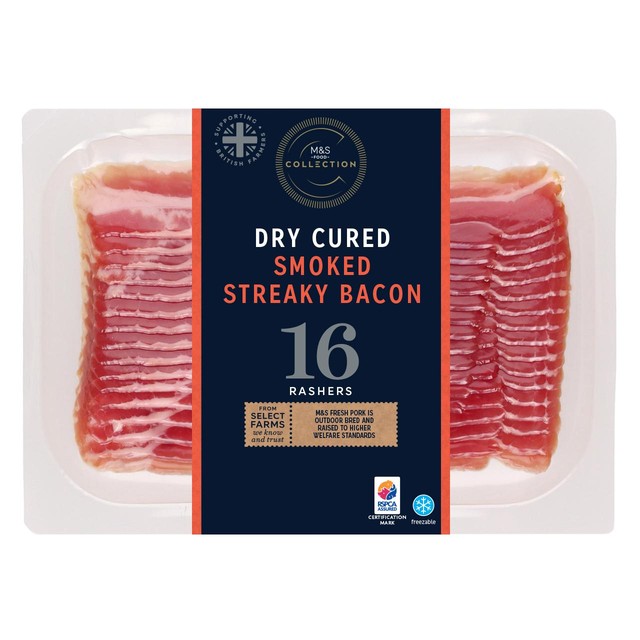 M&S British outdoor bred smoked streaky bacon 16 rashers 240g, imported from the UK
