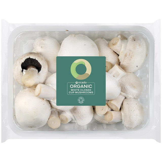 Ocado organic white closed cup mushrooms 250g, imported from the UK
