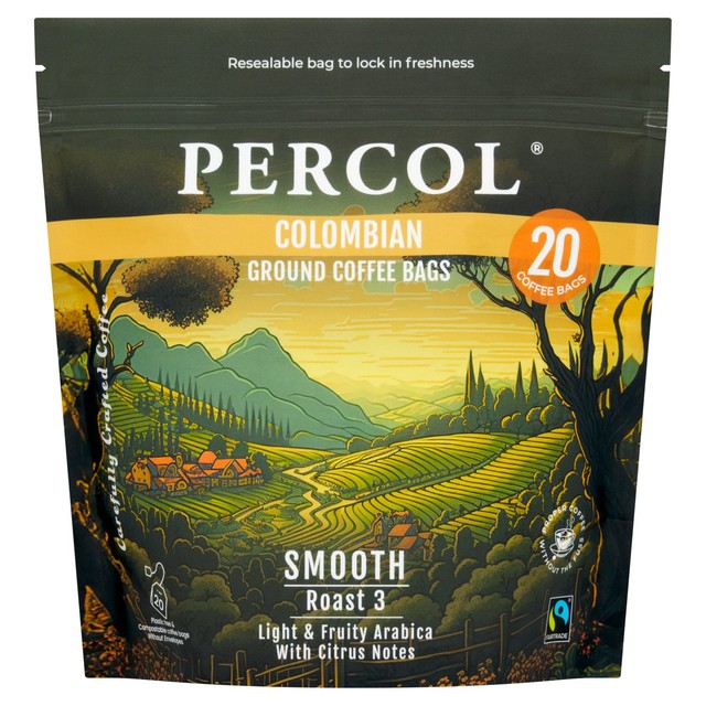 Percol Colombian Fairtrade coffee bags 20 pack, imported from the UK