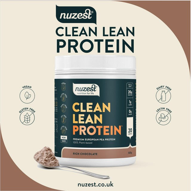 Nuzest rich chocolate flavoured plant-based protein powder, imported from the UK