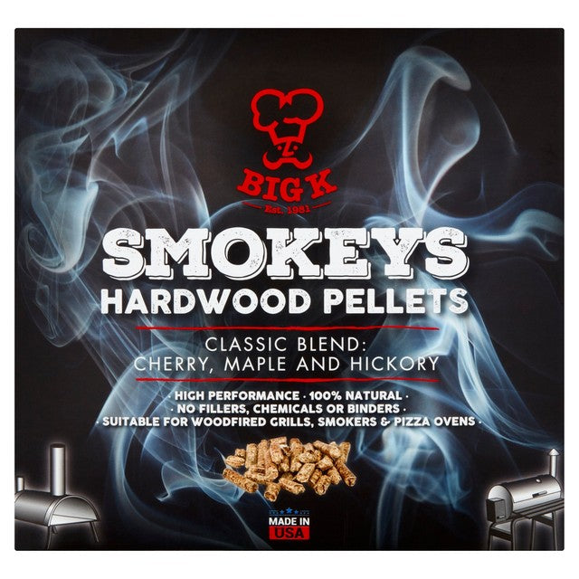 Big K BBQ wood smoking pellets cherry maple hickory blend 9kg - British product