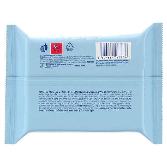 Johnson's Make Up Be Gone Moisturising Cleansing Wipes 25 pack, UK version