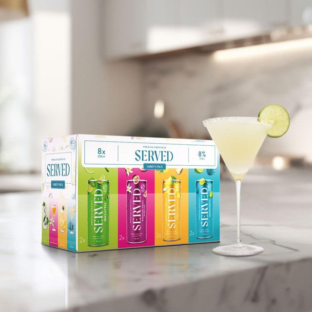 Served cocktail variety pack with Mojito, Pina Colada, Passion Fruit Martini, Margarita 8 x 250ml (British brand)