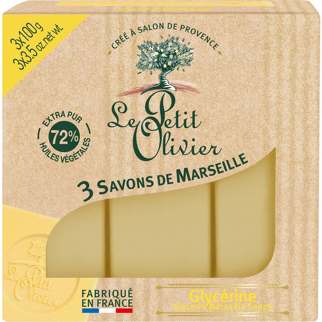 Le Petit Olivier Glycerin Marseille Soap bars 3 x 100g, UK version