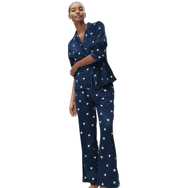 M&S Fleece Pyjama Set Navy Herz-Print XXL - Britisches Produkt
