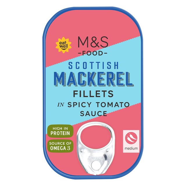 M&S mackerel fillets in spicy tomato sauce 125g, imported from the UK