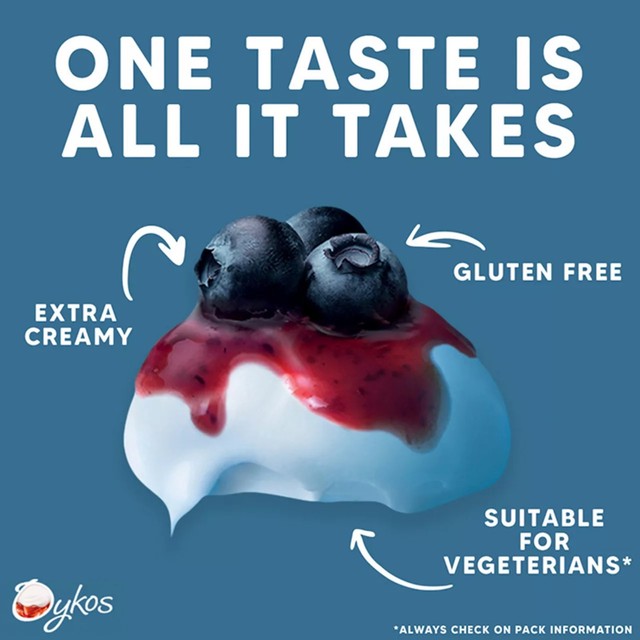 Oykos Blueberry Greek Style Yoghurt 4x110g, imported from the UK