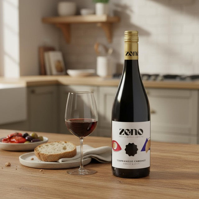 ZENO alcohol-free Tempranillo Cabernet Sauvignon bottle, imported from the UK