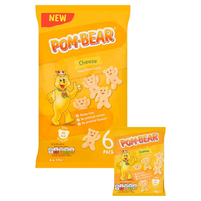 Pom-Bear cheese flavour teddy shaped potato snack multipack, imported from the UK