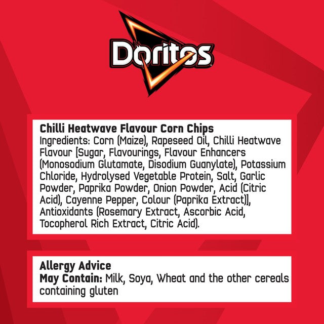 Doritos Chilli Heatwave tortilla chips 180g, imported from the UK