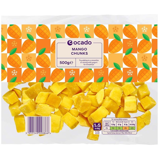 Ocado frozen mango chunks 500g, imported from the UK