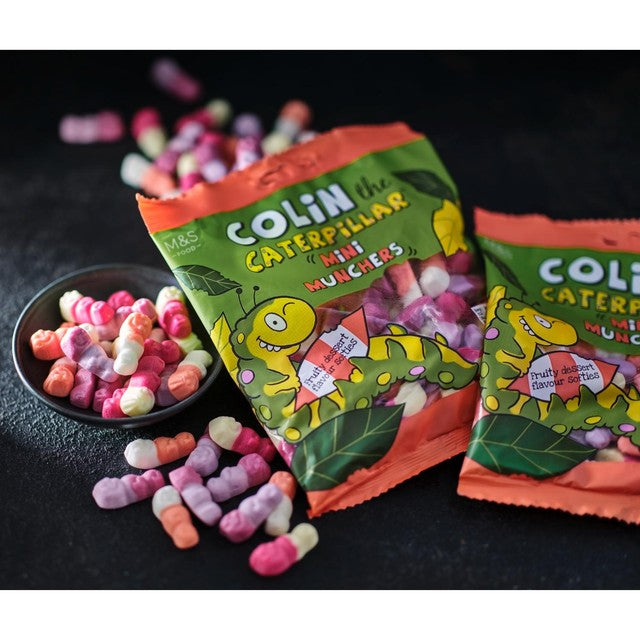 M&S Colin The Caterpillar Mini Munchers assorted fruit flavour gums 150g, imported from the UK