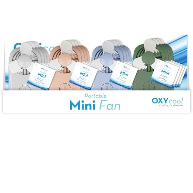 Gem Imports Oxycool mini portable fan in assorted colours, imported from the UK