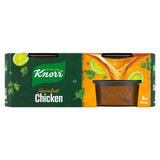 Paquete de cuatro botes de caldo de pollo concentrado Knorr de 28 g cada uno, versión para el Reino Unido.