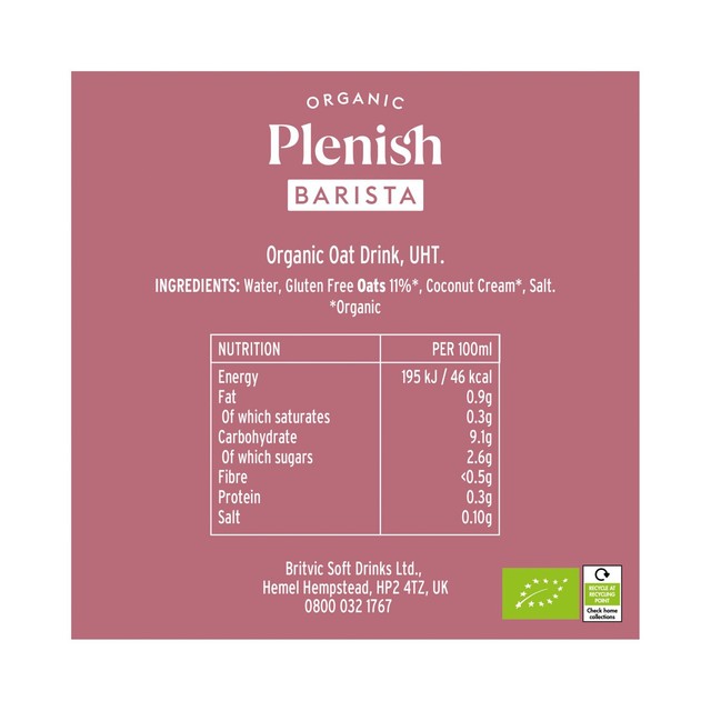 Plenish Organic Oat Barista Drink 1L, imported from the UK
