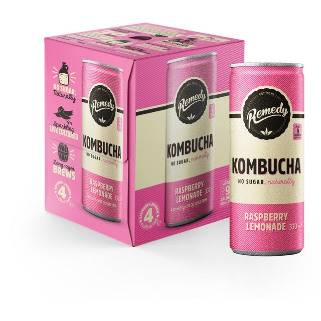 Remedy Kombucha Raspberry Lemonade 4 x 330ml, imported from the UK