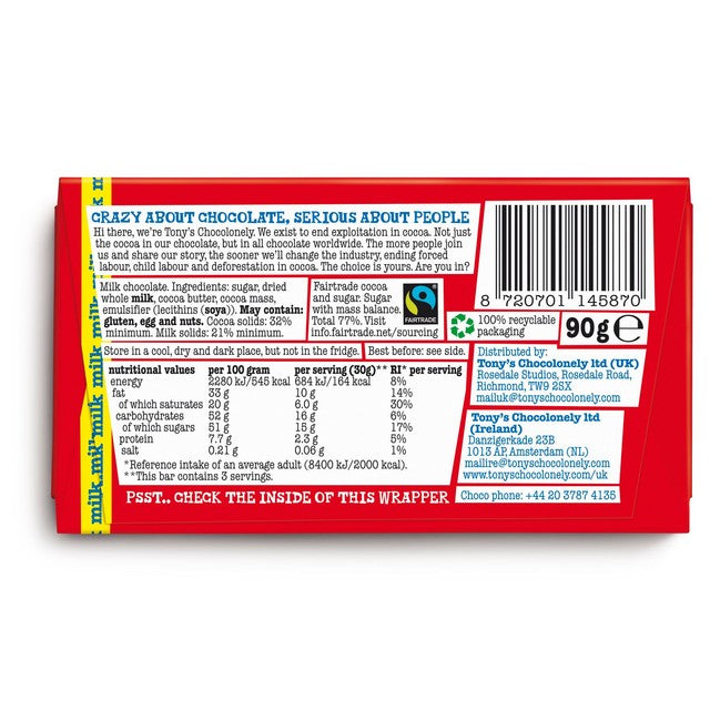 Tony's Chocolonely milk chocolate small snack bar, UK version