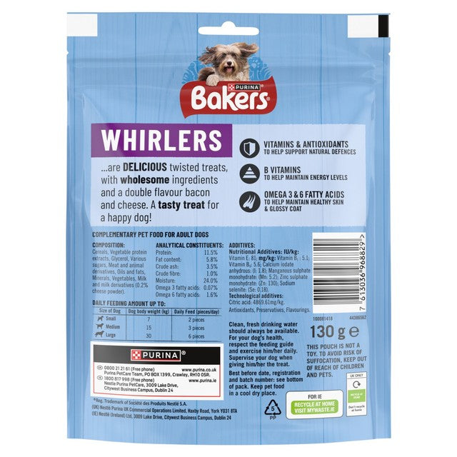 Bakers Whirlers bacon and cheese dog treats 130g - British product