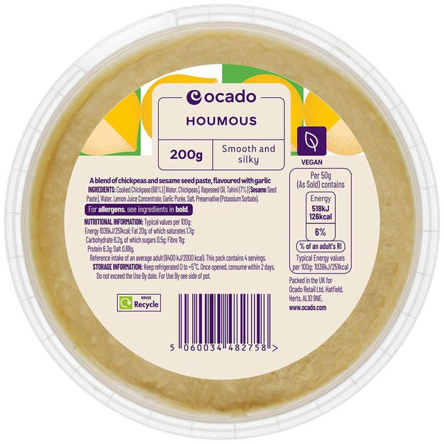 Ocado houmous dip 200g, imported from the UK