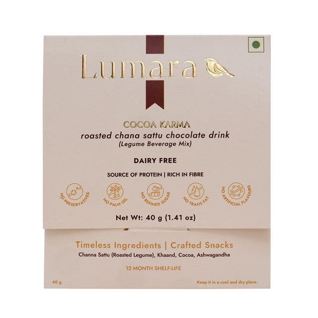 Lumara Cocoa Karma roasted chana sattu dairy-free hot chocolate mix 40g, UK version