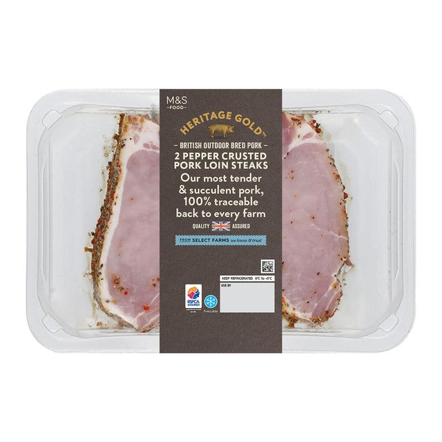 M&S pepper crusted pork loin steaks 300g, imported from the UK