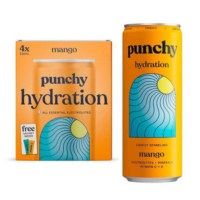 Punchy mango flavour hydration drink 4 x 330ml, imported from the UK