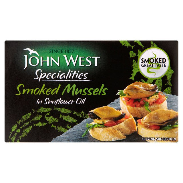 John West smoked mussels in sunflower oil 85g can, UK version
