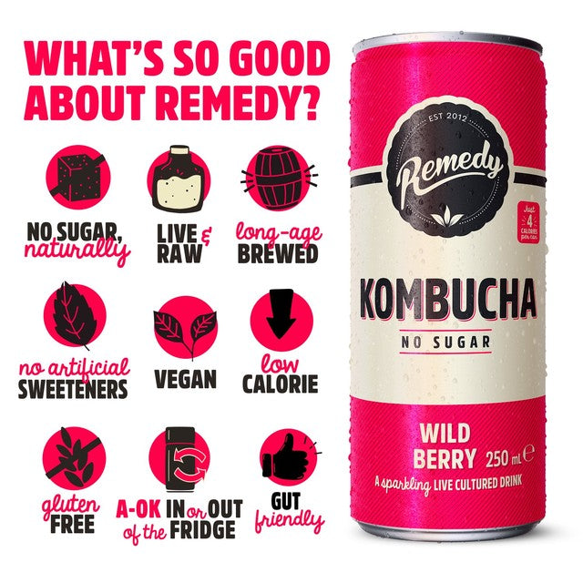 Remedy kombucha wild berry 250ml, imported from the UK