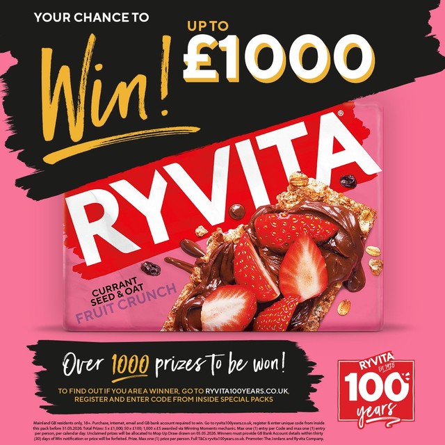Ryvita Fruit Crunch Currant Seed & Oat Crispbread 200g, imported from the UK