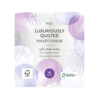 مناديل حمام مبطنة من M&S، 4 لفات، ورق حمام ثلاثي الطبقات من M&S – تسوق عبر الإنترنت من McGrocer