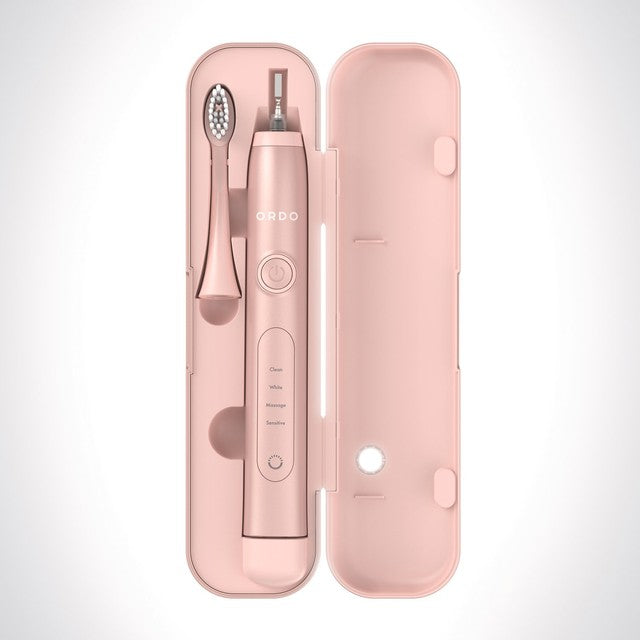 Ordo Sonic+ electric toothbrush with charging travel case in Rose Gold, imported from the UK