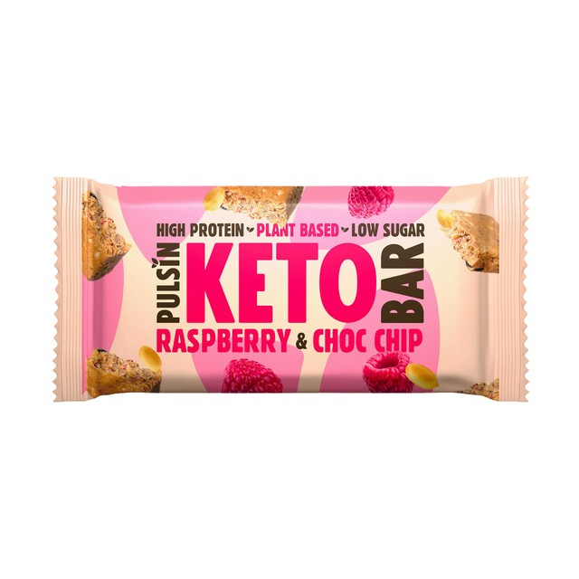Pulsin Keto Bar Raspberry & Choc Chip 50g, imported from the UK