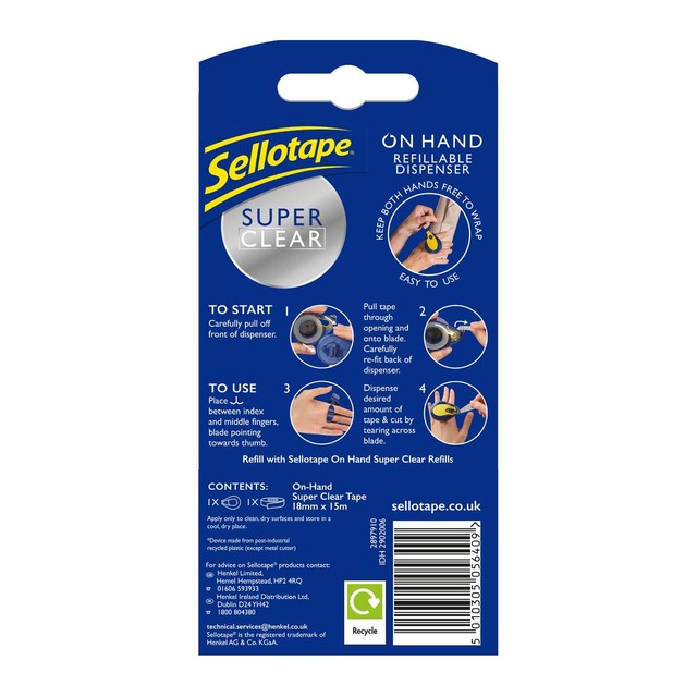 Sellotape On Hand Dispenser Super Clear Tape 18mm x 15m (British brand)