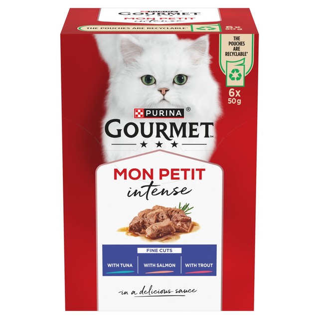 Gourmet Mon Petit fish flavour cat food 6x50g pouches, UK version