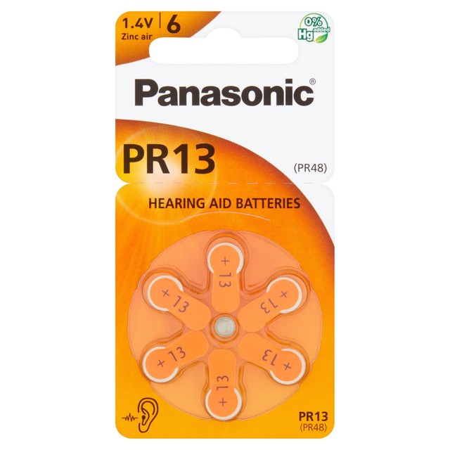 Panasonic PR-13 zinc air hearing aid batteries 6 pack, imported from the UK