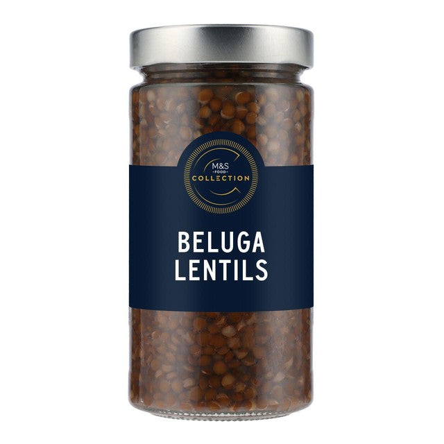 M&S Beluga Lentils jar of cooked lentils (British brand)