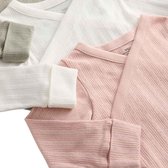 M&S girls pure cotton wrap bodysuits in khaki, size 9-12 months, 3-pack, imported from the UK
