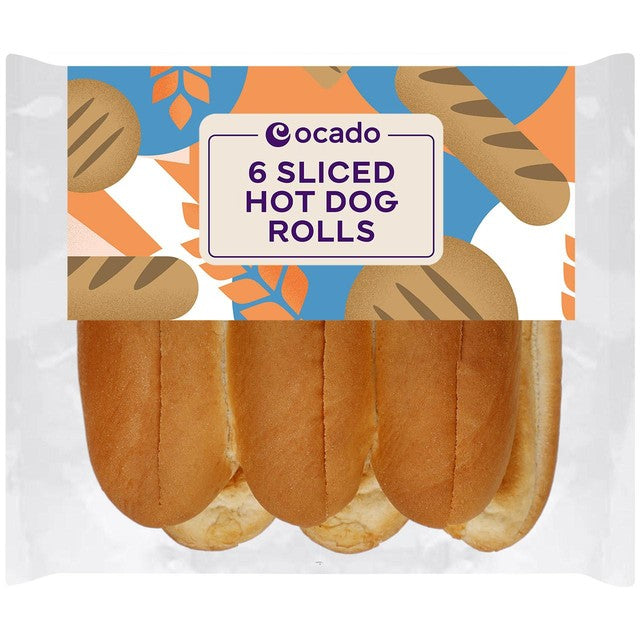 Ocado sliced hot dog rolls 6 per pack, imported from the UK