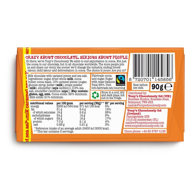 Tony's Chocolonely caramel sea salt small snack bar (British brand)