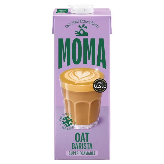 Moma unsweetened barista oat drink in a 1-liter carton, imported from the UK