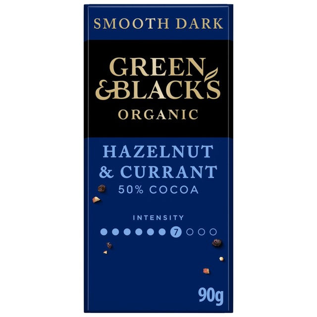 Green & Black's dark chocolate bar with hazelnuts and currants - British product