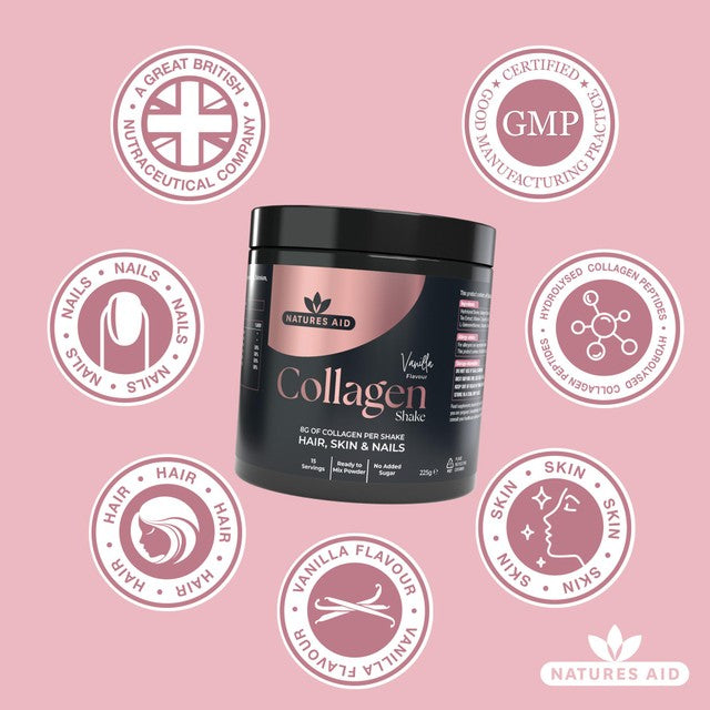Natures Aid Collagen Vanilla Shake 225g, imported from the UK