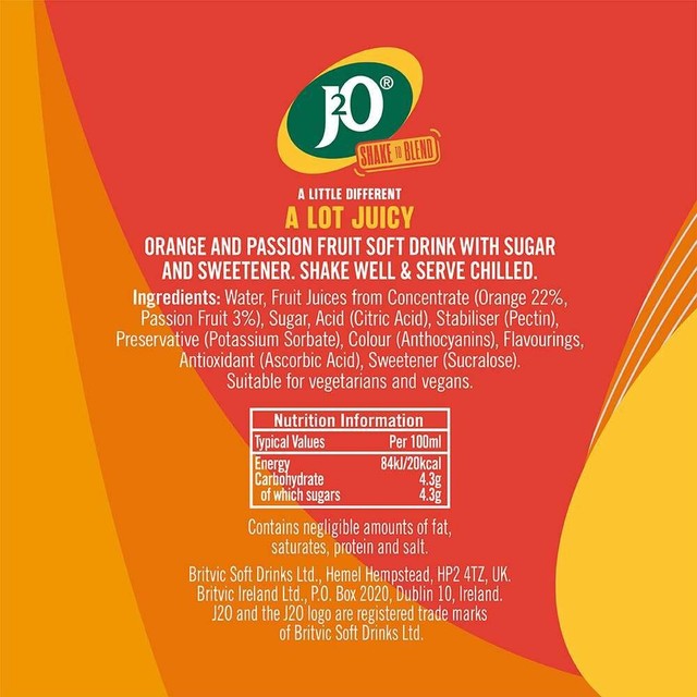 J2O Orange & Passion Fruit soft drink 10 x 275ml, UK version